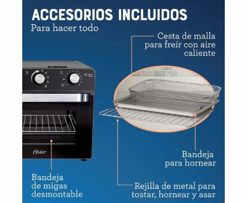 Oster® Horno con Freidora de Aire, Capacidad de 22 Litros, Recubrimiento Antiadherente, Negro, TSSTTVMAF1NS