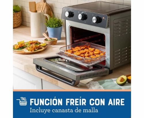 Oster® Horno con Freidora de Aire, Capacidad de 22 Litros, Recubrimiento Antiadherente, Negro, TSSTTVMAF1NS