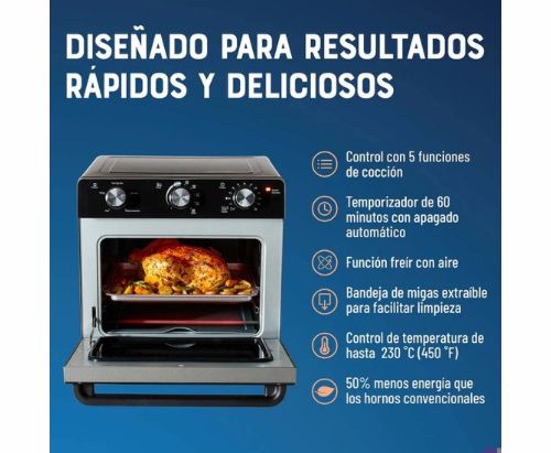 Oster® Horno con Freidora de Aire, Capacidad de 22 Litros, Recubrimiento Antiadherente, Negro, TSSTTVMAF1NS