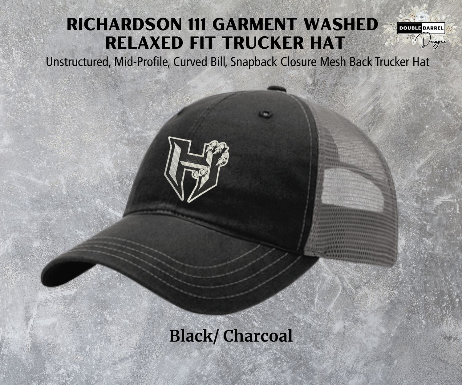 Hawkins Hats - Richardson 111 Garment Washed Trucker, Color: Black/Charcoal