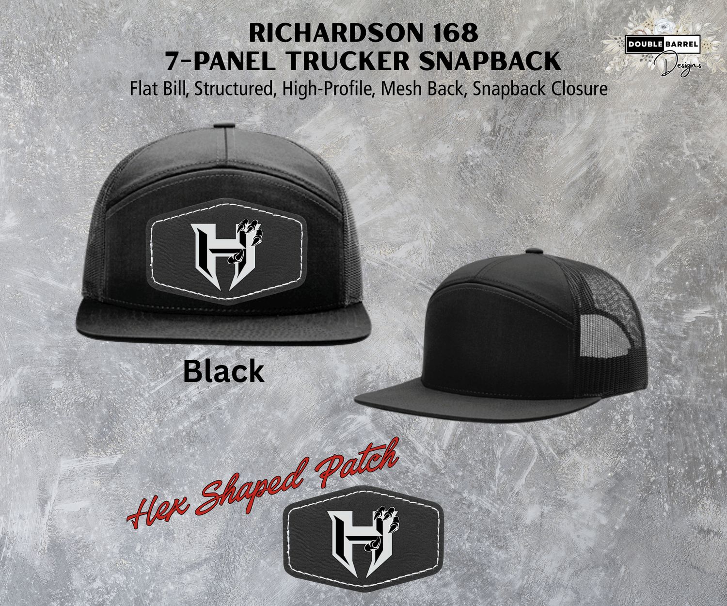 Hawkins Hat - Richardson 168 Flat Bill 7 Panel Flat Bill Cap, Color: Black, Patch Shape: Hex Patch