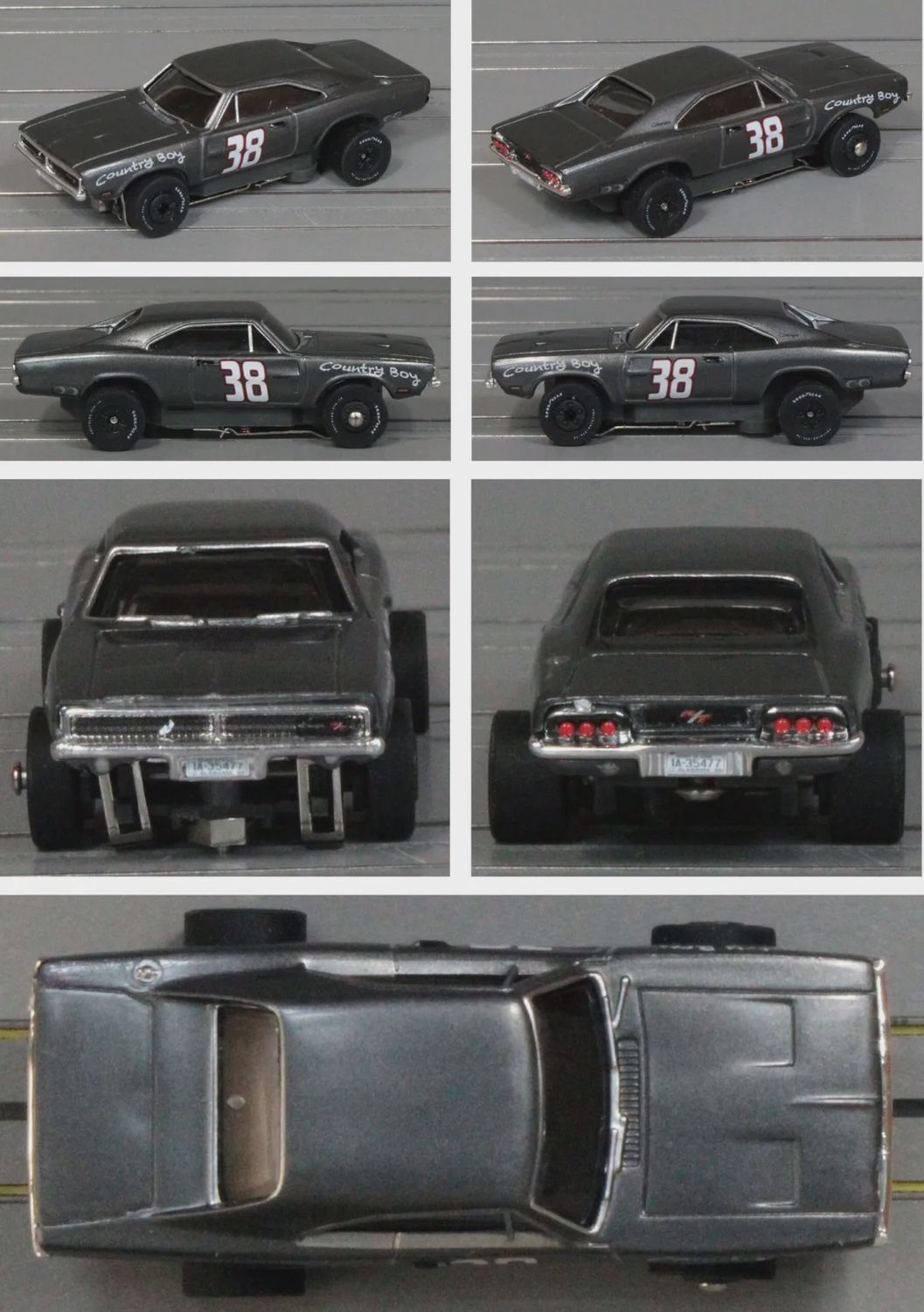 Auto World ThunderJet SC416 Thunder Road 1969 Dodge Charger R/T – Gunmetal/White #38 #2B “Country Boy” – Clean