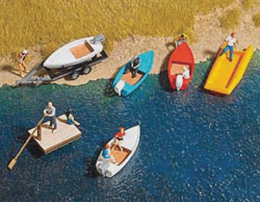 Busch Gmb Boat/Raft Set w/Trailer - Assembled -- N &amp; TT Scales (189-8057)