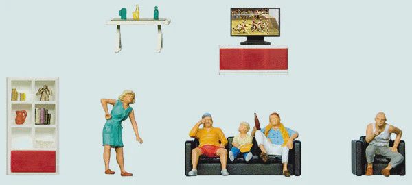 Family Watching Television -- 5 Figures &amp; Living Room Furniture