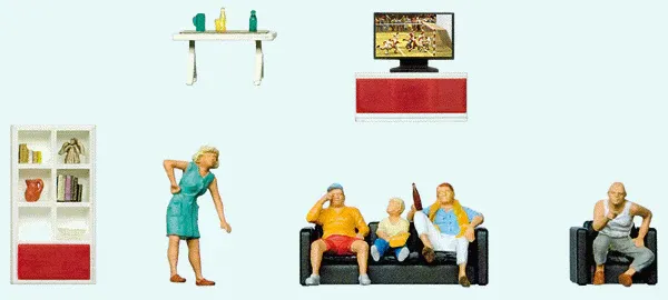 Family Watching Television -- 5 Figures &amp; Living Room Furniture