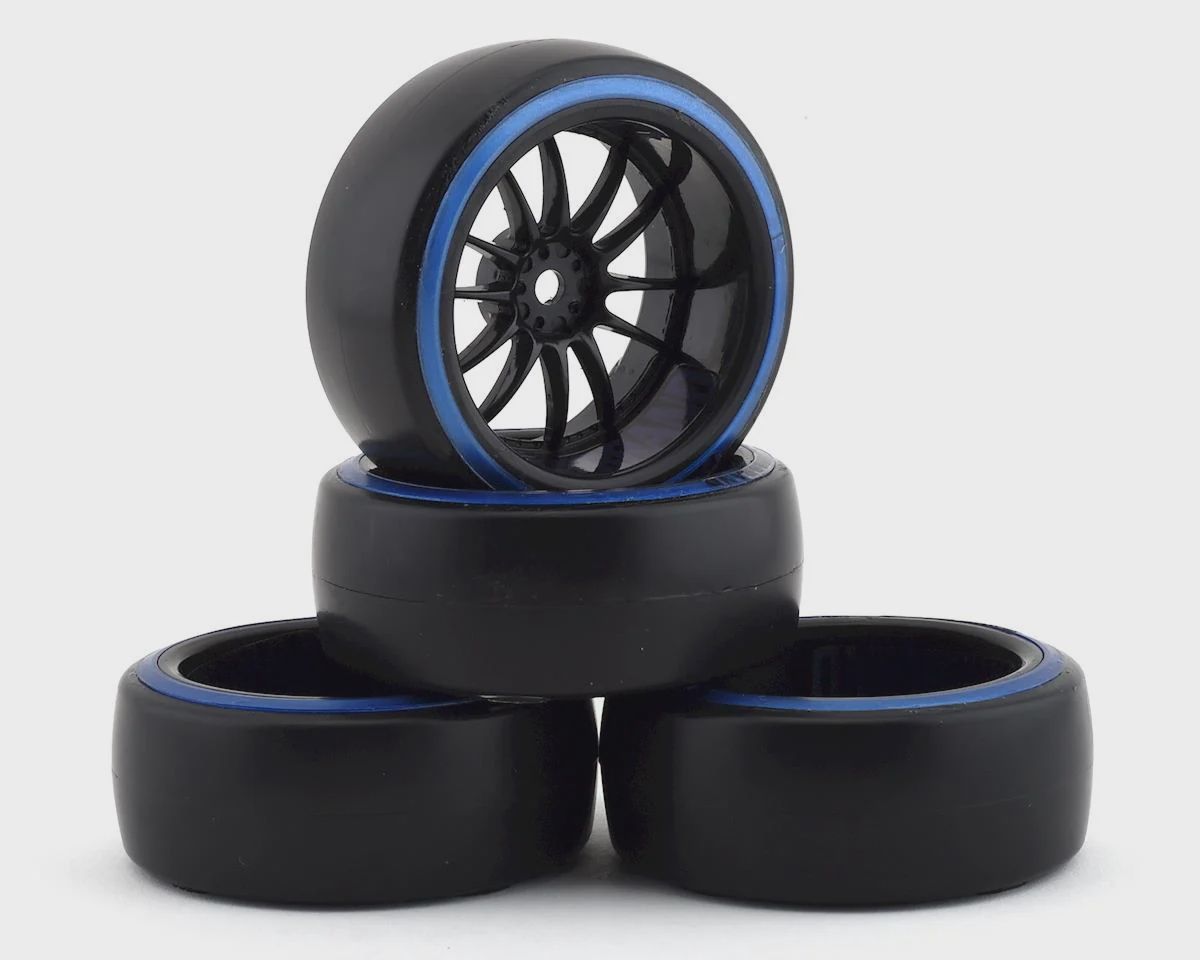 Firebrand RC Char D29B Pre-Mounted 2-Piece Slick drift Tires (4) (Black/Blue) w/D2 Tires, (FBR1WHECHR947)