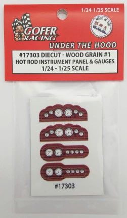 Gofer Racing 1/24-1/25 Hot Rod Instrument Panel &amp; Gauges Wood Grain #1 (Diecut Plastic)