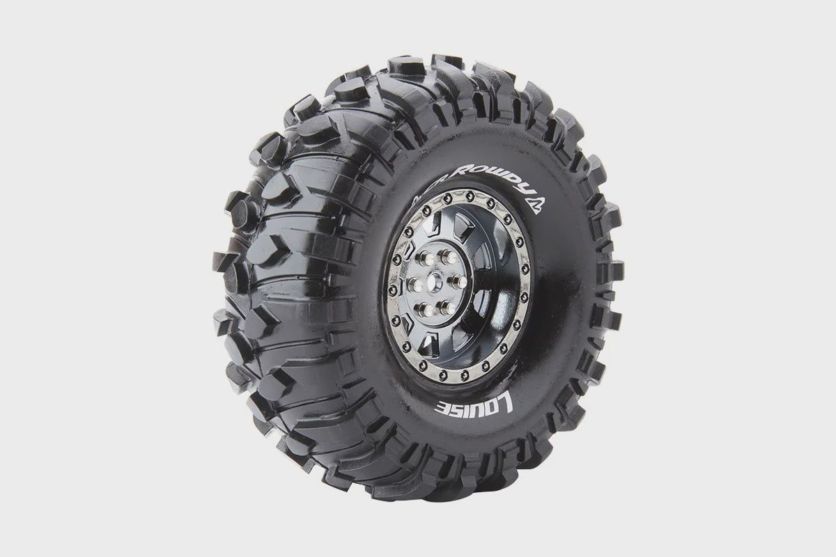 Louise R/C CR-Rowdy 1/10 1.9" Crawler Tires, 12mm Hex, Super Soft, Mounted on Black Chrome Rim, Front/Rear (2) (LOULT3233VBC)