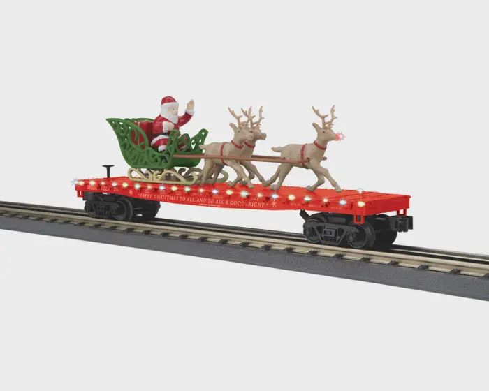 MTH O Flat Car w/LED Lights, Santa Sleigh &amp; Reindeer - Christmas (Red) Car No. 122524 (MTH3076917)