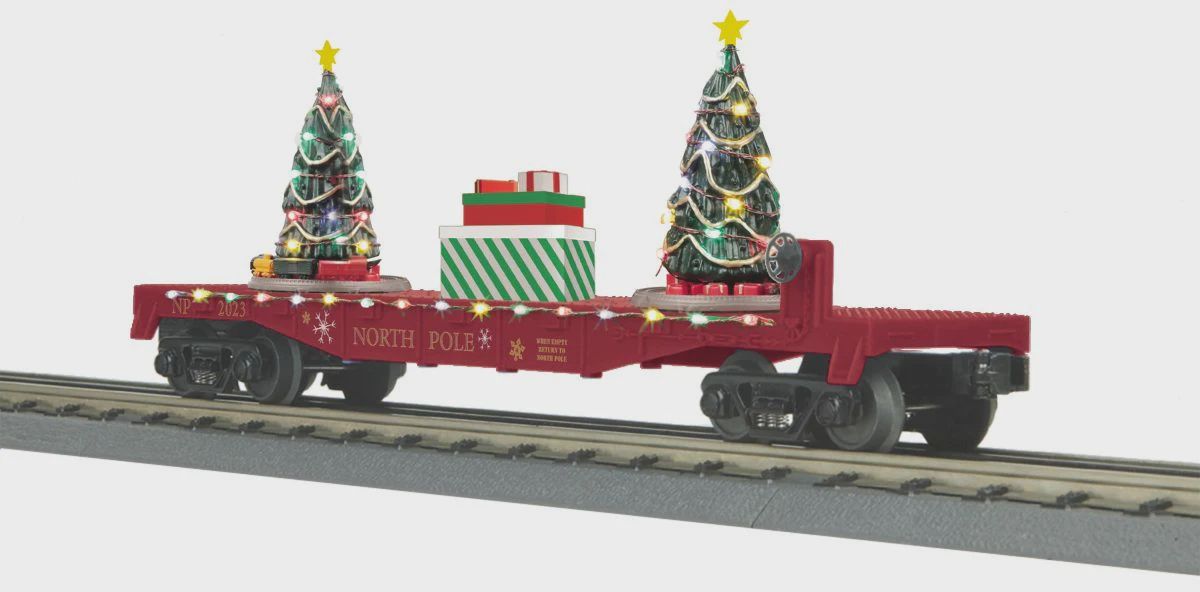 MTH O North Pole Maroon Flatcar w/Lighted Trees (MTH3076867)