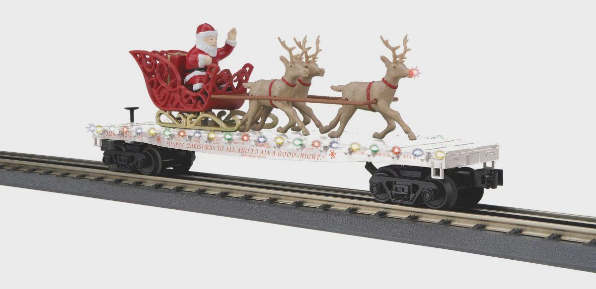 MTH O Christmas Flatcar w/Santa Sleigh &amp; Reindeer/white (MTH3076919)
