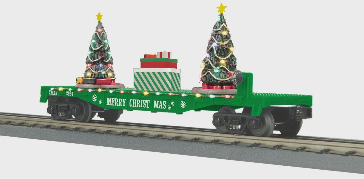 O Christmas Flatcar w/Lighted Trees/green