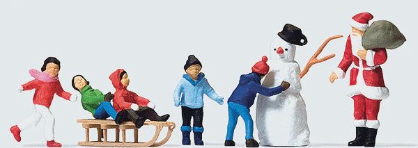 Preiser Christmas Figure Set in Merry Christmas Box -- Santa Claus, 5 Children, Snowman &amp; Sled (590-10626)