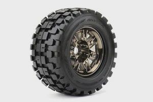 Rythm 1/8 Monster Truck Tires Mounted on Chrome Black Wheels, 0" Offset, 17mm Hex (1 pair) (ROPR4004-CB0)