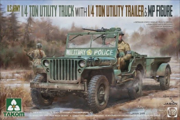 Takom 1/35 US Army 1/4-Ton Willys Jeep w/Trailer &amp; MP Figure (TAO2126)