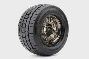Trigger 1/8 Monster Truck Tires Mounted on Chrome Black Wheels, 0" Offset, 17mm Hex (1 pair) (ROPR4002-CB0)