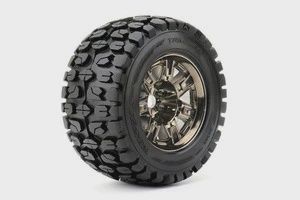 Tracker 1/8 Monster Truck Tires Mounted on Chrome Black Wheels, 0" Offset, 17mm Hex (1 pair) (ROPR4003-CB0)