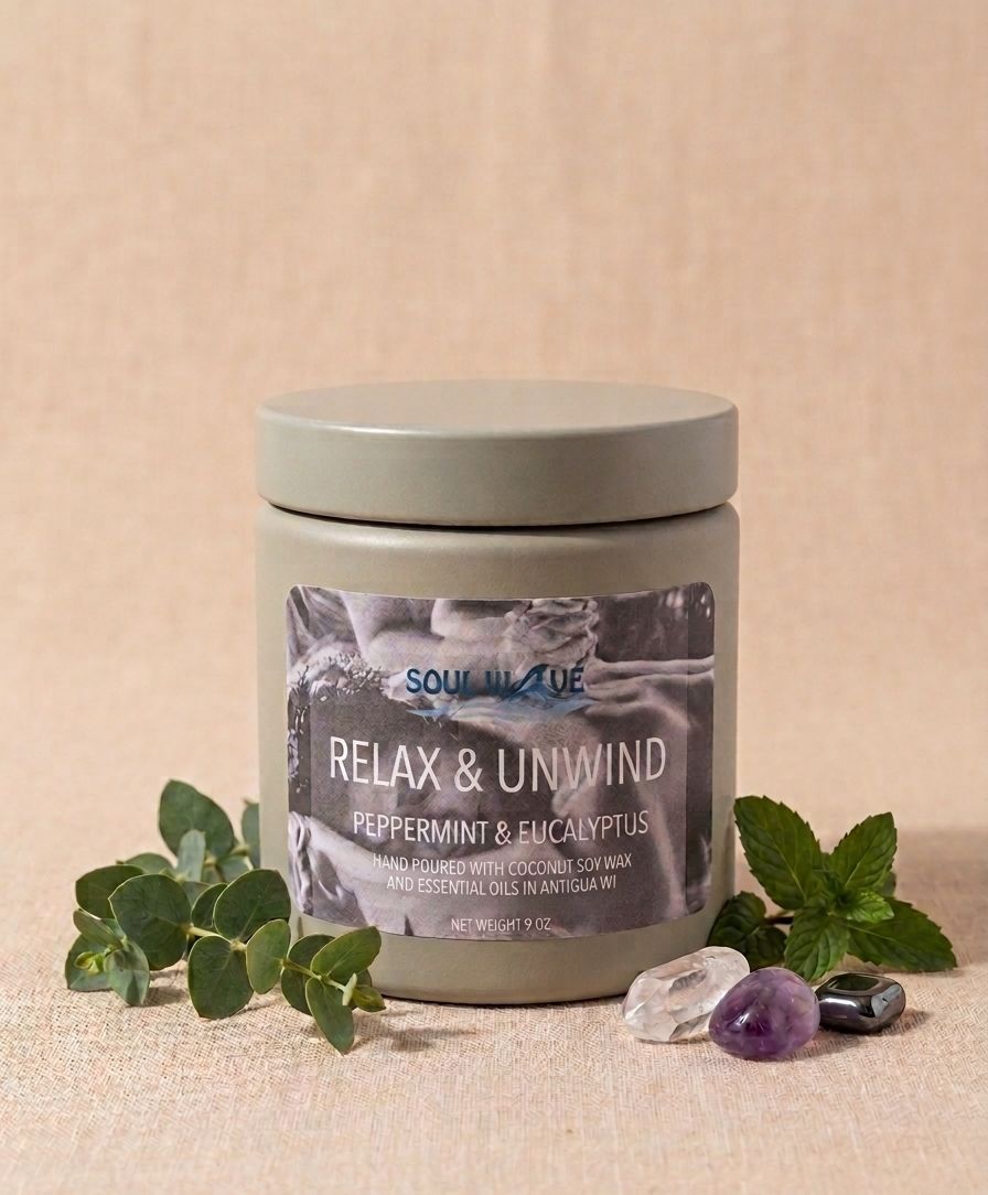 Relax &amp; Unwind Crystal Intention Candle- Peppermint &amp; Eucalyptus- 9oz