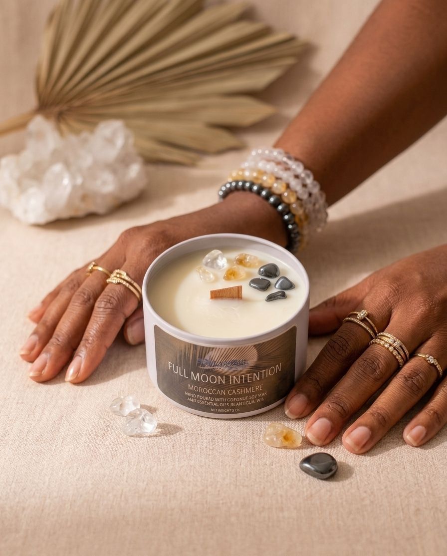 Full Moon Crystal Intention Candle - Neroli &amp; Jasmine - 5oz