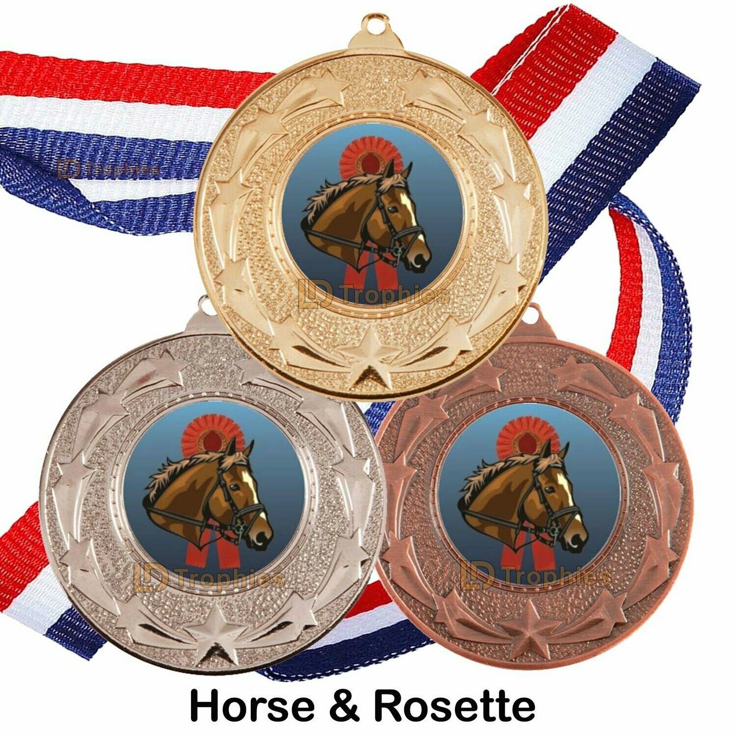 10, 25 or 50 Horse Medal & Ribbon Packs, Style of Centre: Horse & Rosette