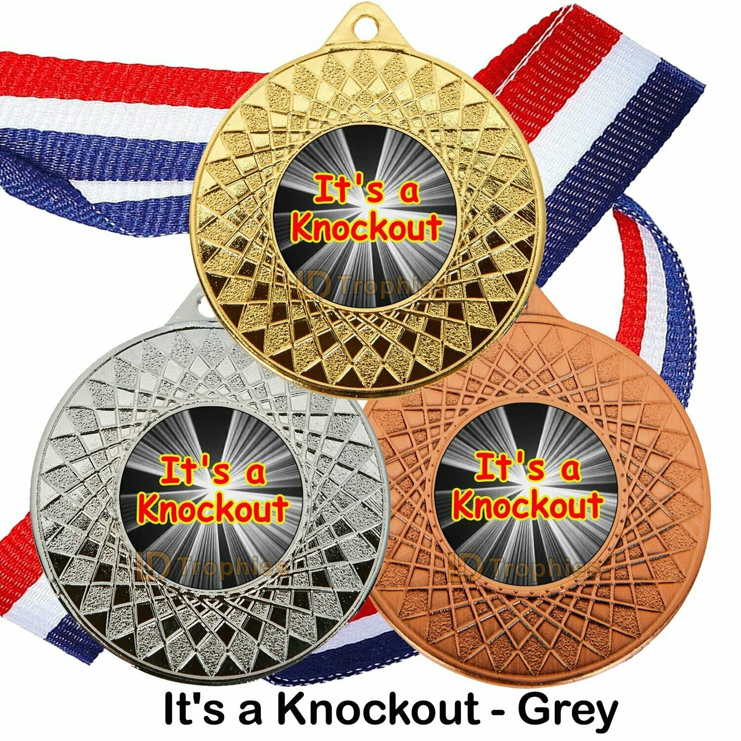 10, 25 or 50 It's a Knockout Medal & Ribbon Packs, Style of Centre: Grey Background