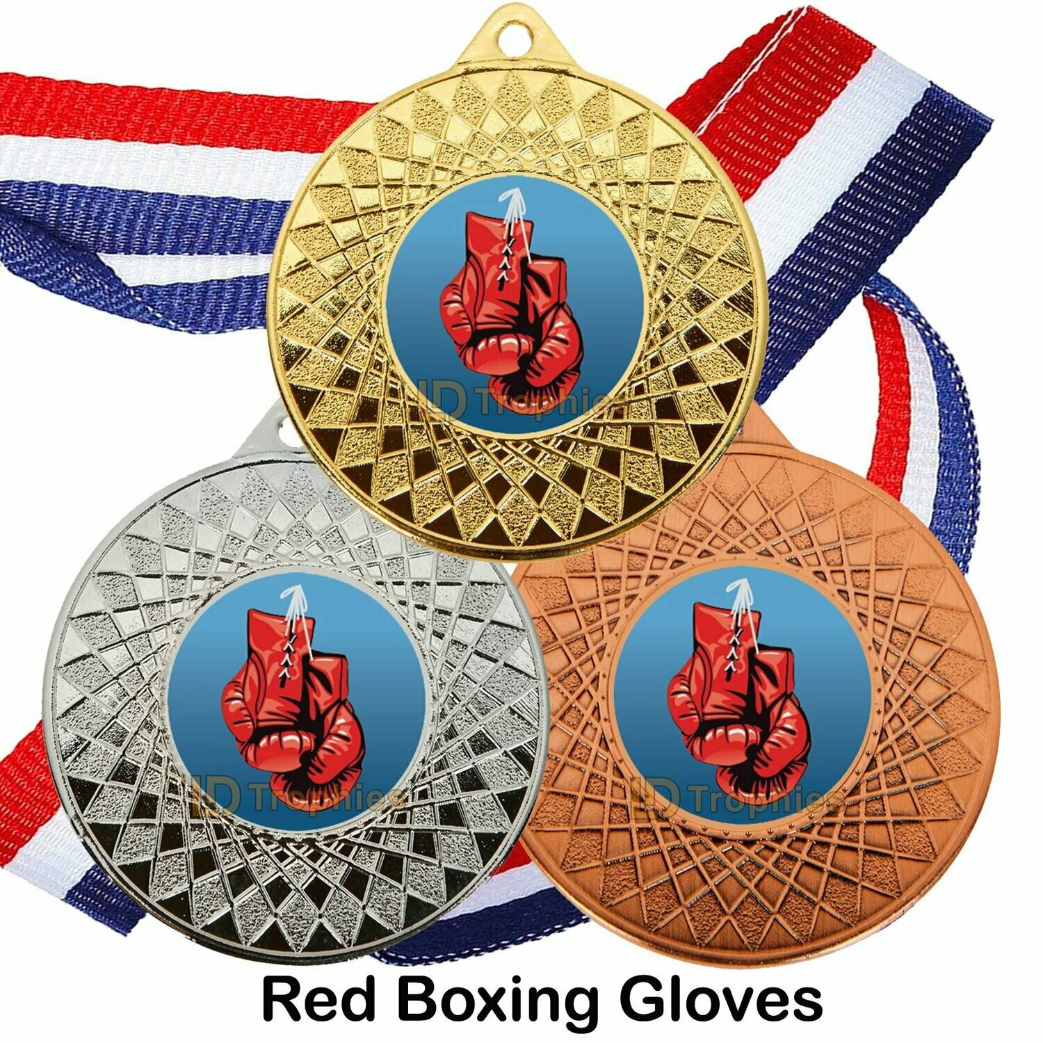 10, 25 or 50 Boxing Medal & Ribbon Packs, Style of Centre: Red Boxing Gloves