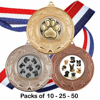 10, 25 or 50 Dog Medal & Ribbon Packs