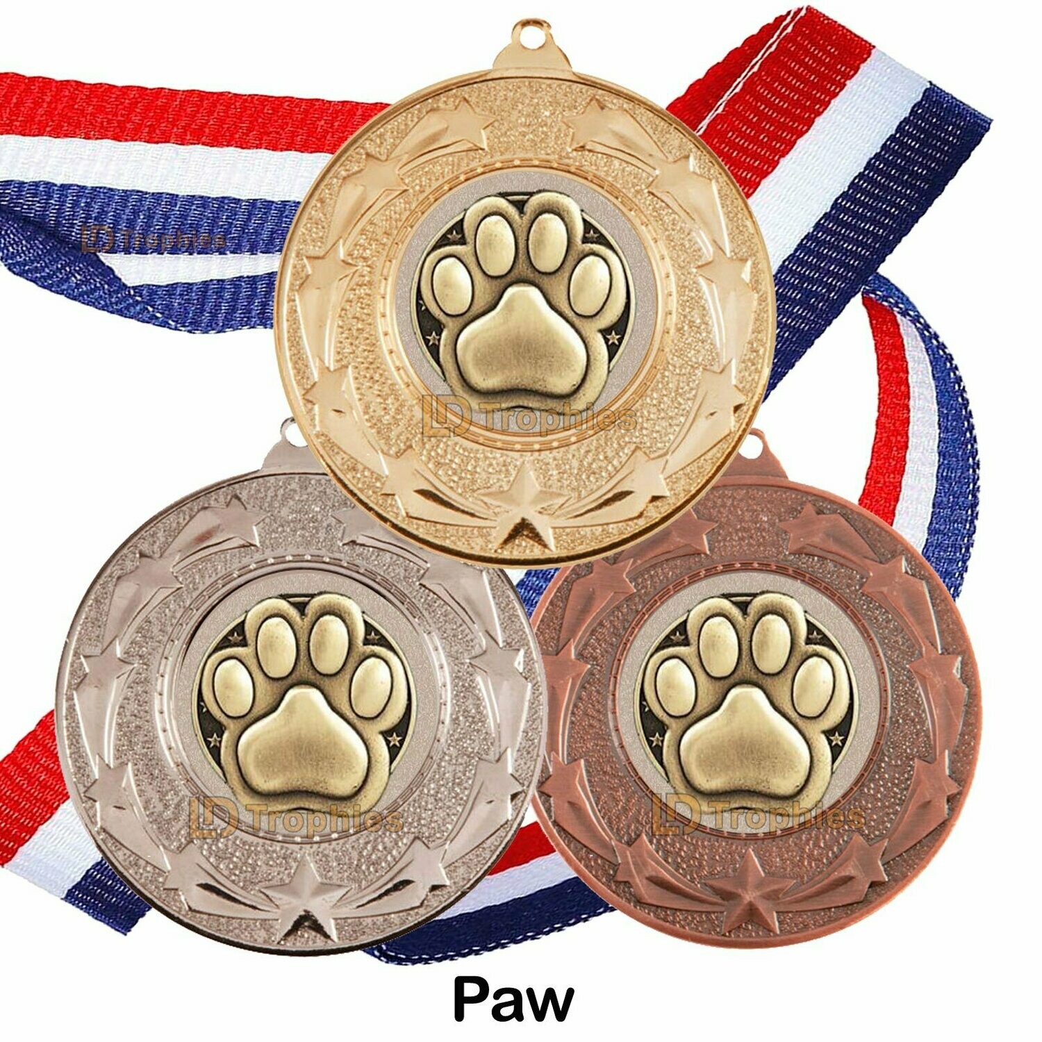 10, 25 or 50 Dog Medal & Ribbon Packs, Style of Centre: Paw