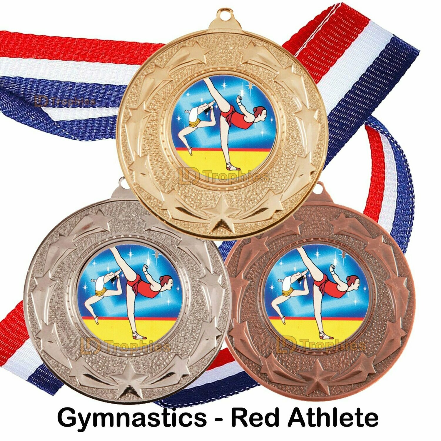 10, 25 or 50 Gymnastics Medal & Ribbon Packs, Style of Centre: Red Athlete