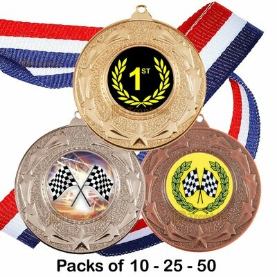10, 25 or 50 Motorsport Medal & Ribbon Packs
