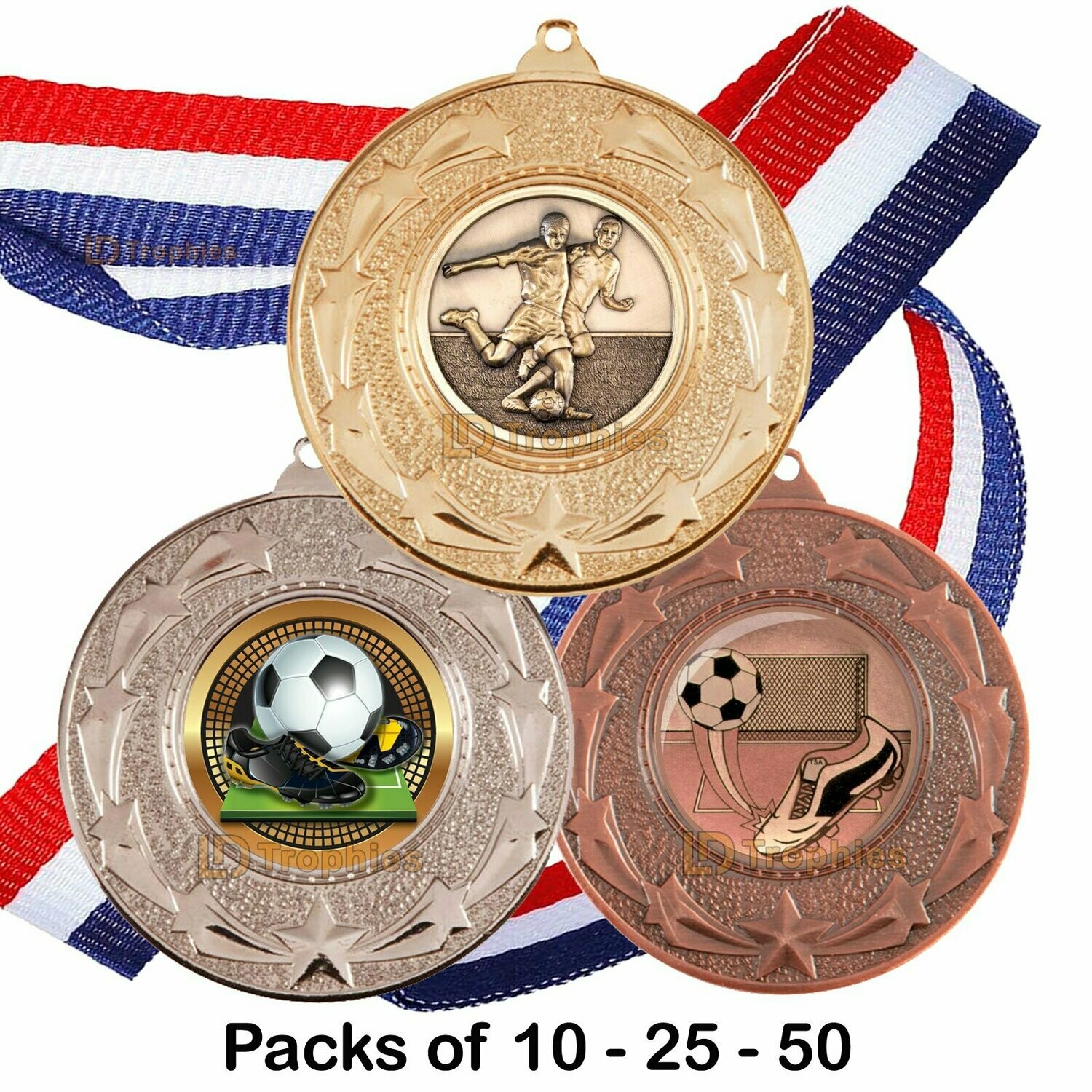 50 x Football Metal medals with Ribbons *Gold or Silver FREE ENGRAVING 