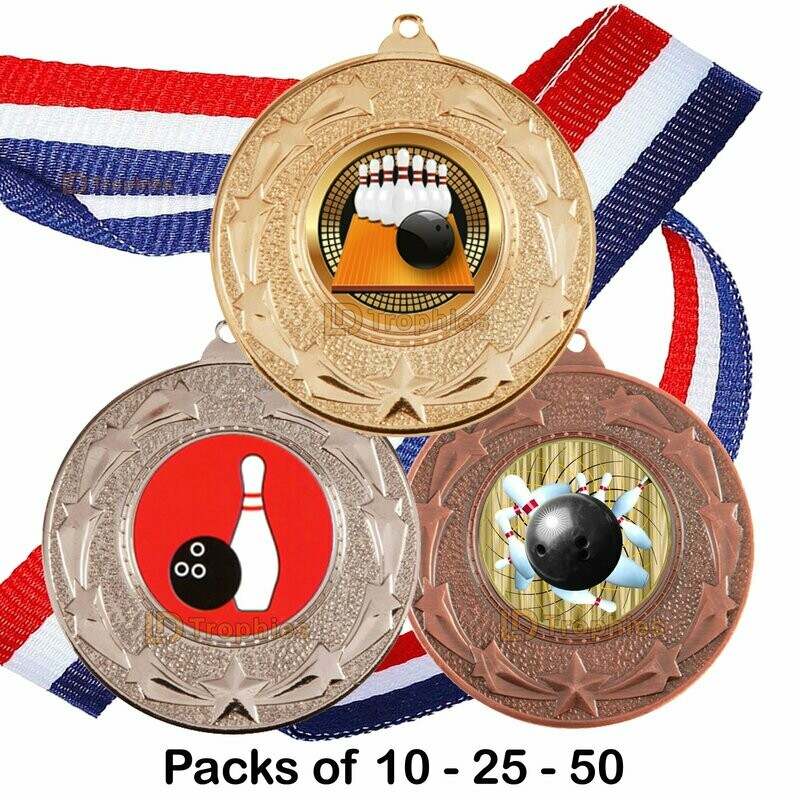 10, 25 or 50 Ten Pin Bowling Medal & Ribbon Packs