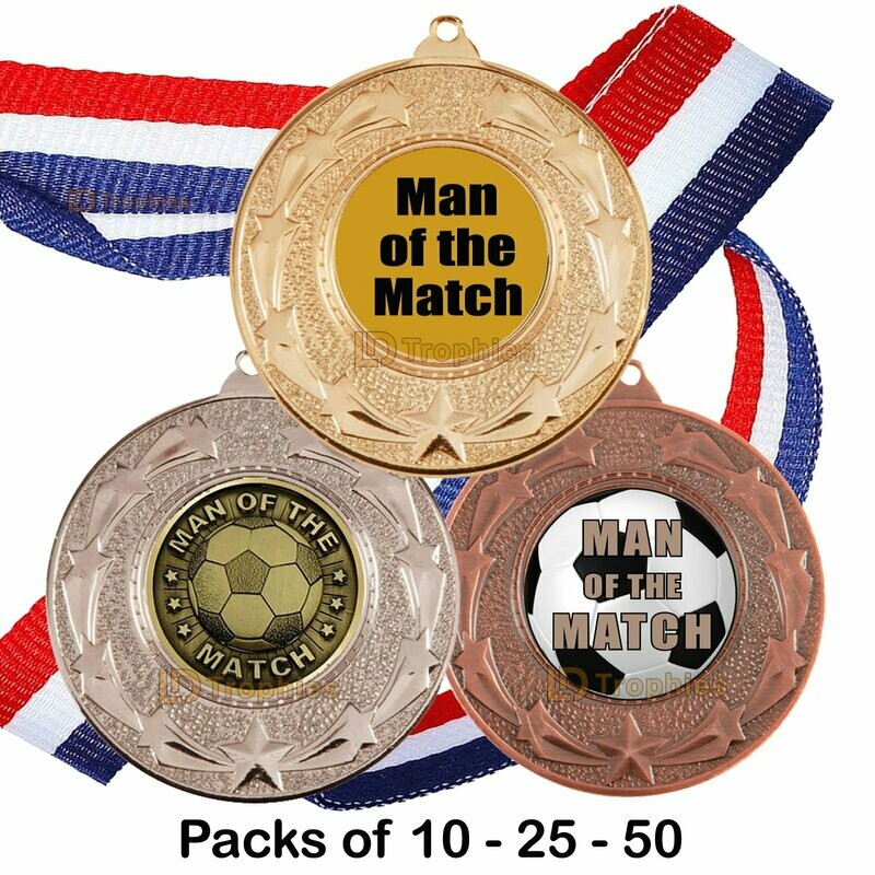 10, 25 or 50 Man of the Match Medal & Ribbon Packs