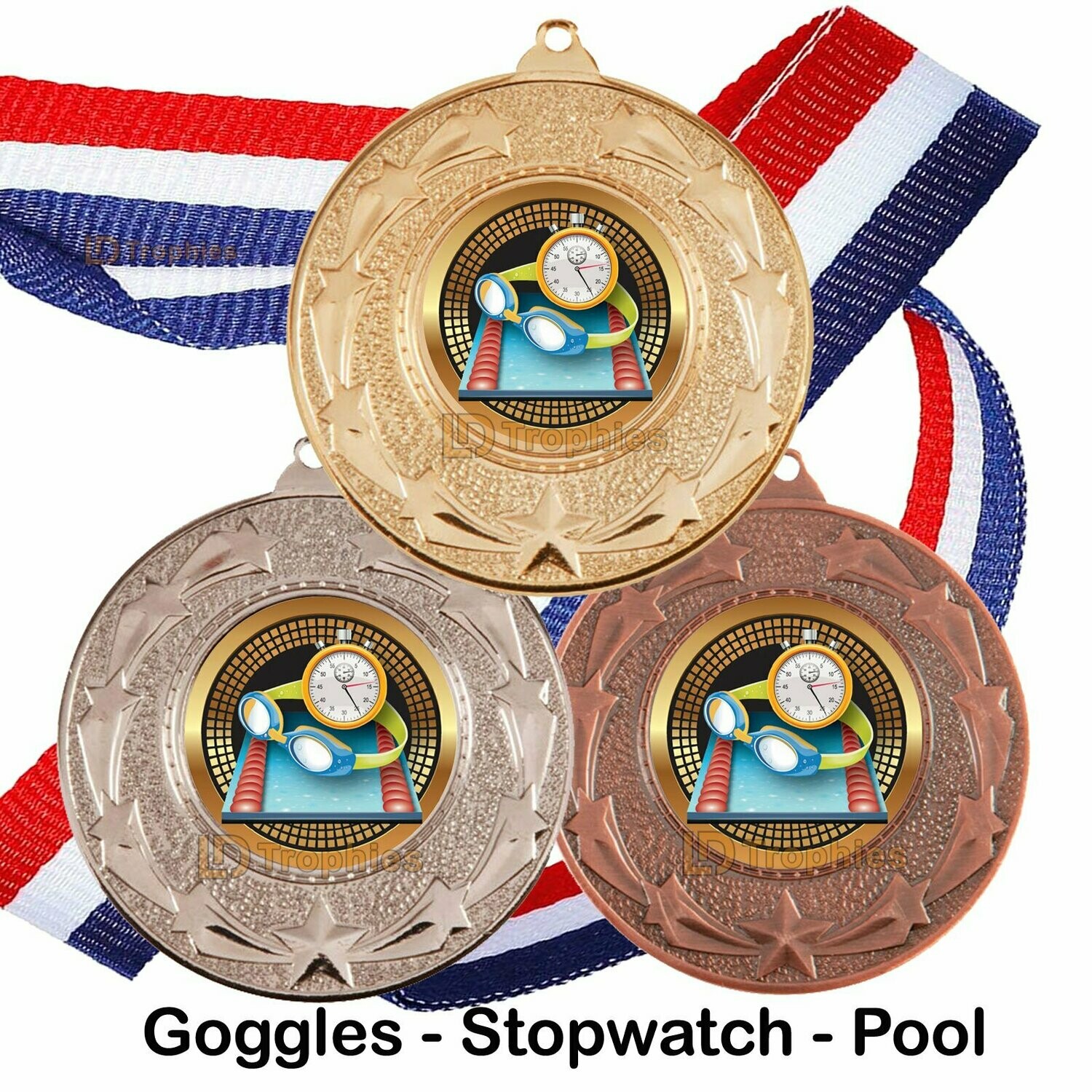 10, 25 or 50 Swimming Medal & Ribbon Packs, Style of Centre: Swimming - Multicolour