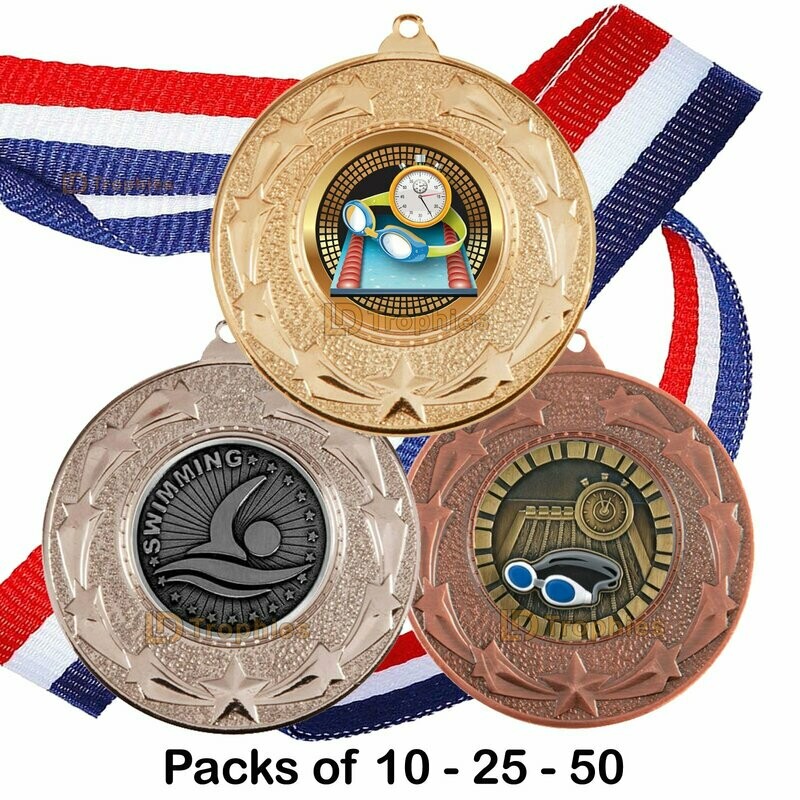 10, 25 or 50 Swimming Medal & Ribbon Packs