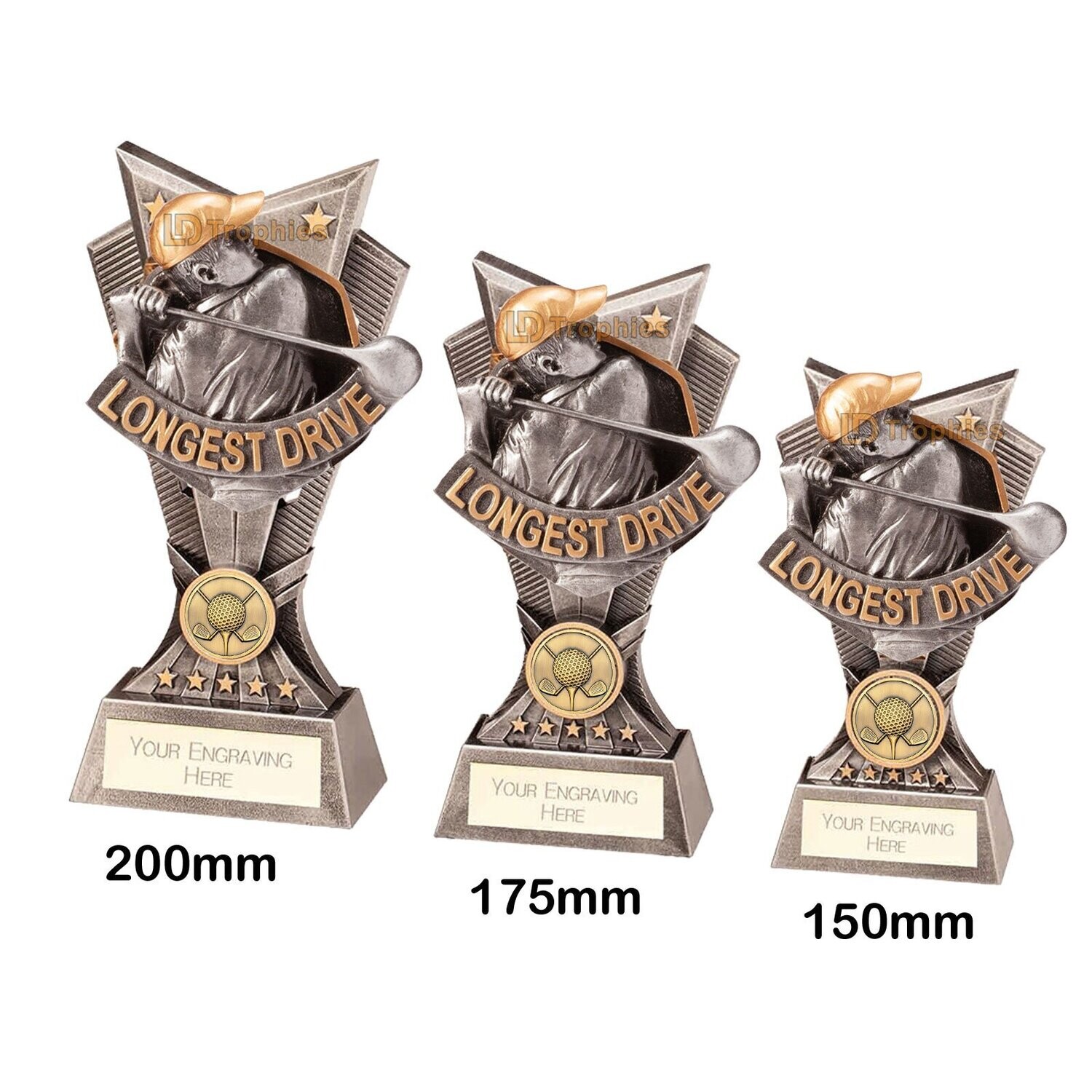 Longest Drive Golf Trophies - Spectron, Style & Size of Trophy: 150mm High (A)