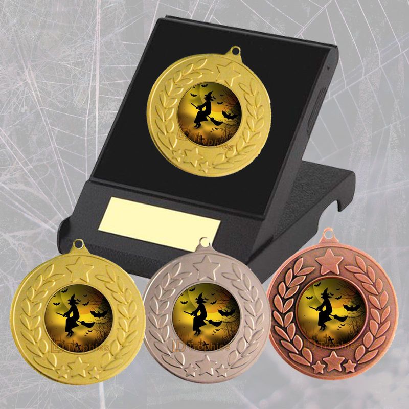 Witch on a Broom Halloween Medal in Box