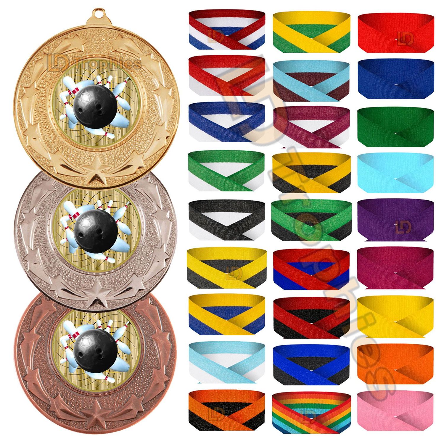 Ten Pin Bowling Medal & Ribbon Packs - Various Sizes