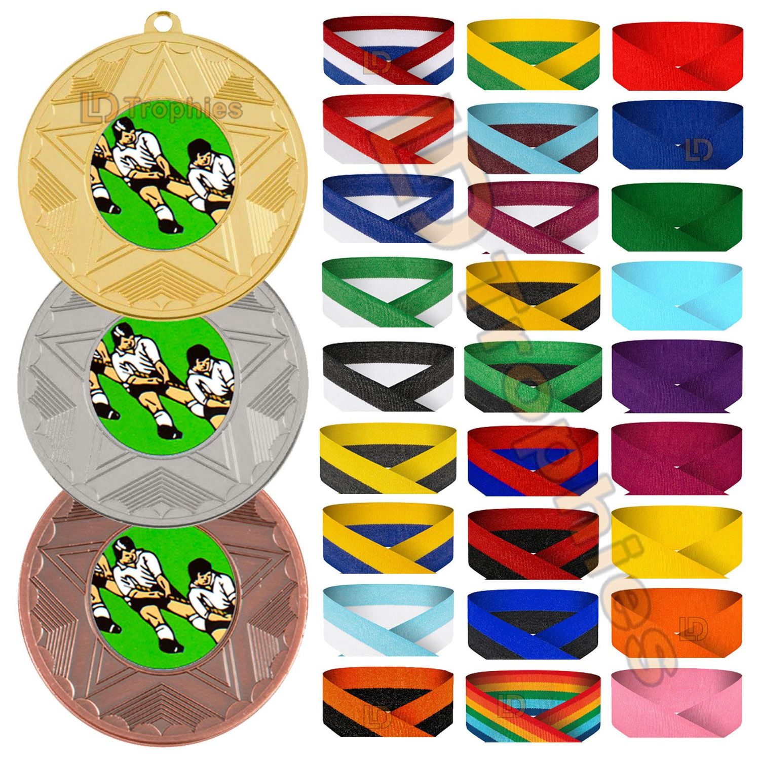 Tug of War Medal & Ribbon Packs - Various Sizes
