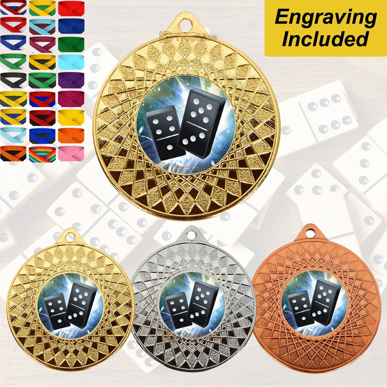 Dominoes Medal & Ribbon - Engraving Included