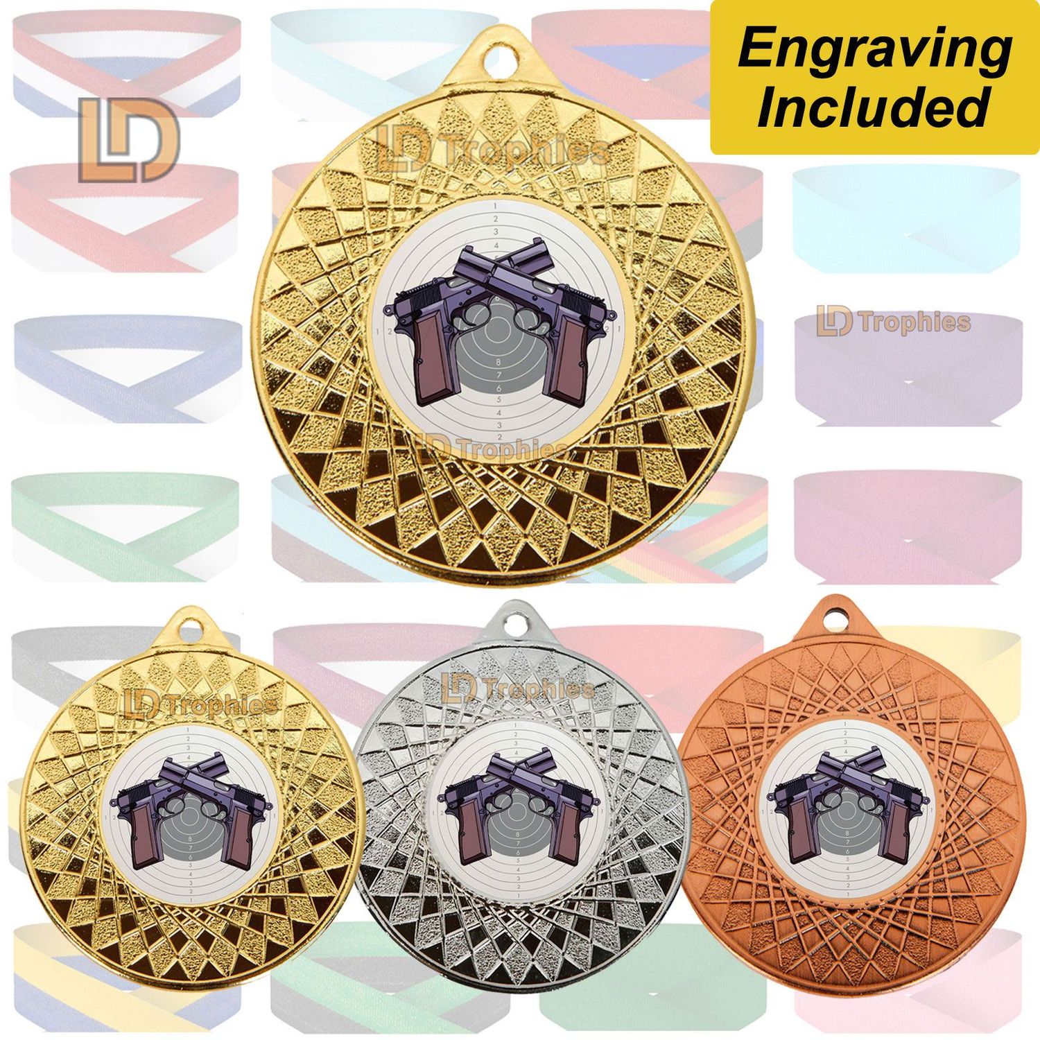 Pistol Shooting Medal & Ribbon, Engraving Included