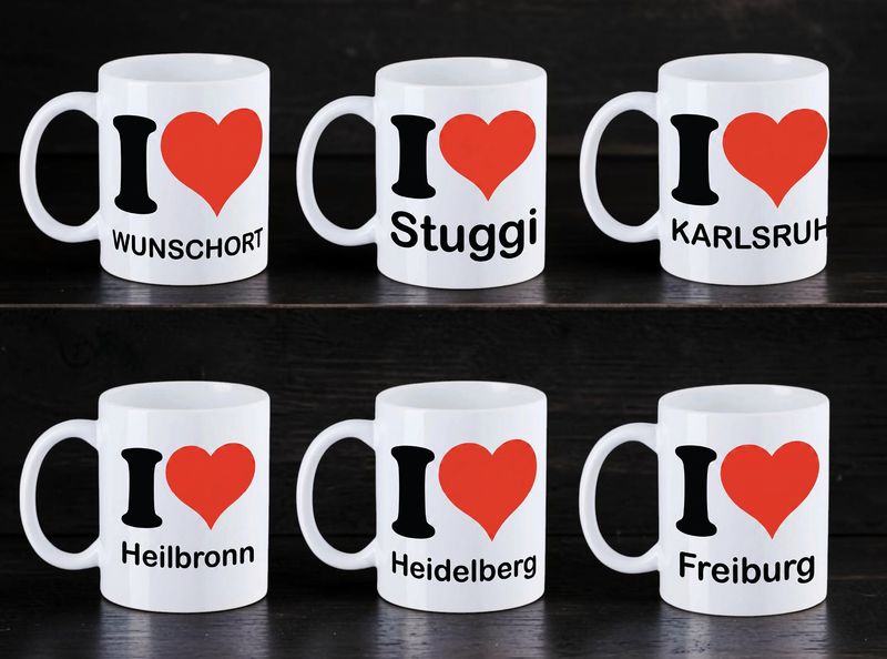[I ♥️ ...] Premium-Tasse mit deinem Wunschort, 330 ml