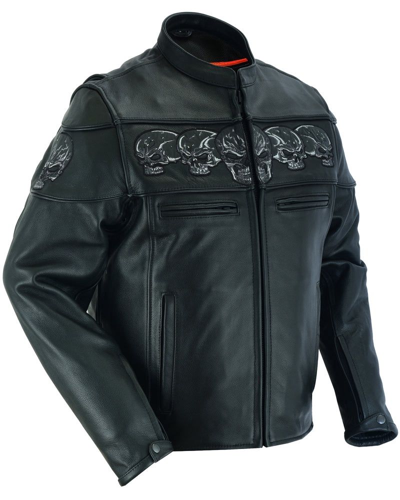 Men's Textile Scooter Style Jacket w/ Reflective Skulls, Size: S