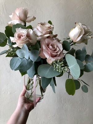 GATHERED VINTAGE BLUSH ROSES IN BILLIE BOTTLE