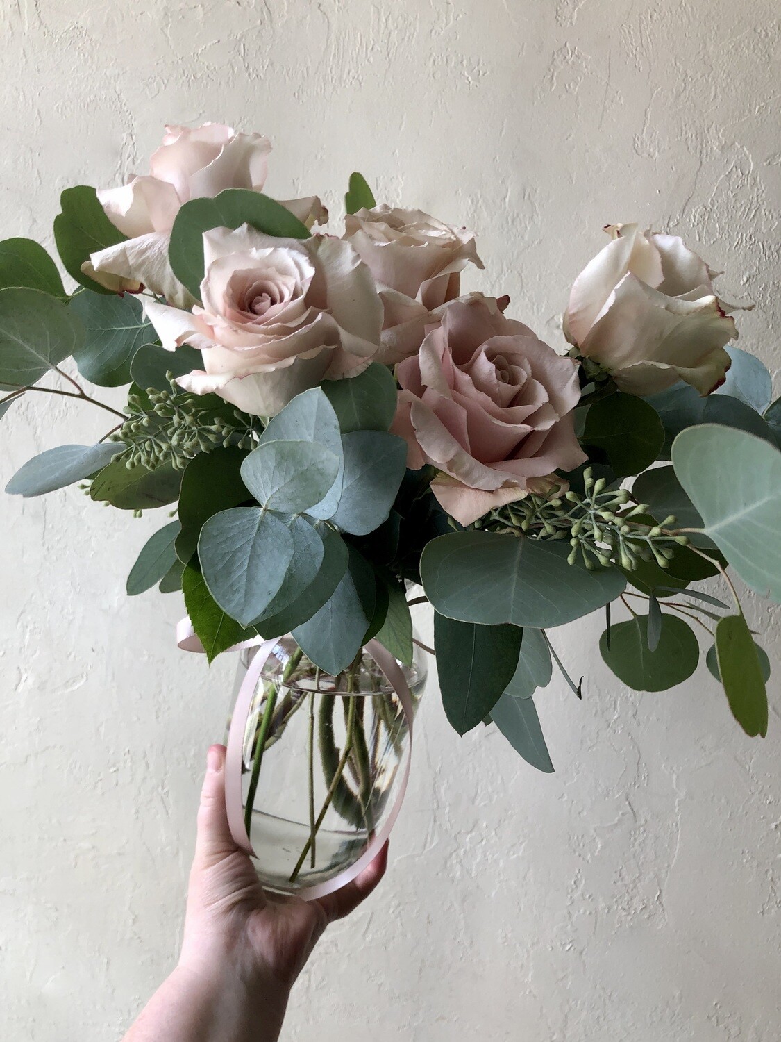 GATHERED VINTAGE BLUSH ROSES IN BILLIE BOTTLE