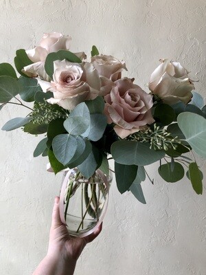 GATHERED VINTAGE BLUSH ROSES IN BILLIE BOTTLE