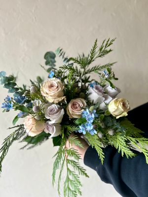 WINTER ROSES AND THISTLE HANDTIED BOUQUET