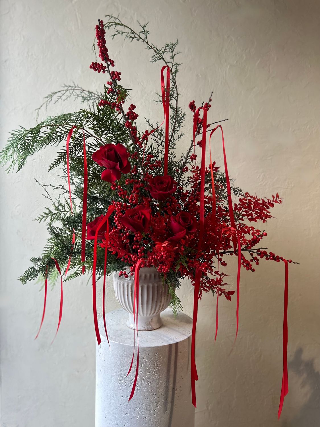 RUBY RED ROSES + ILEX URN