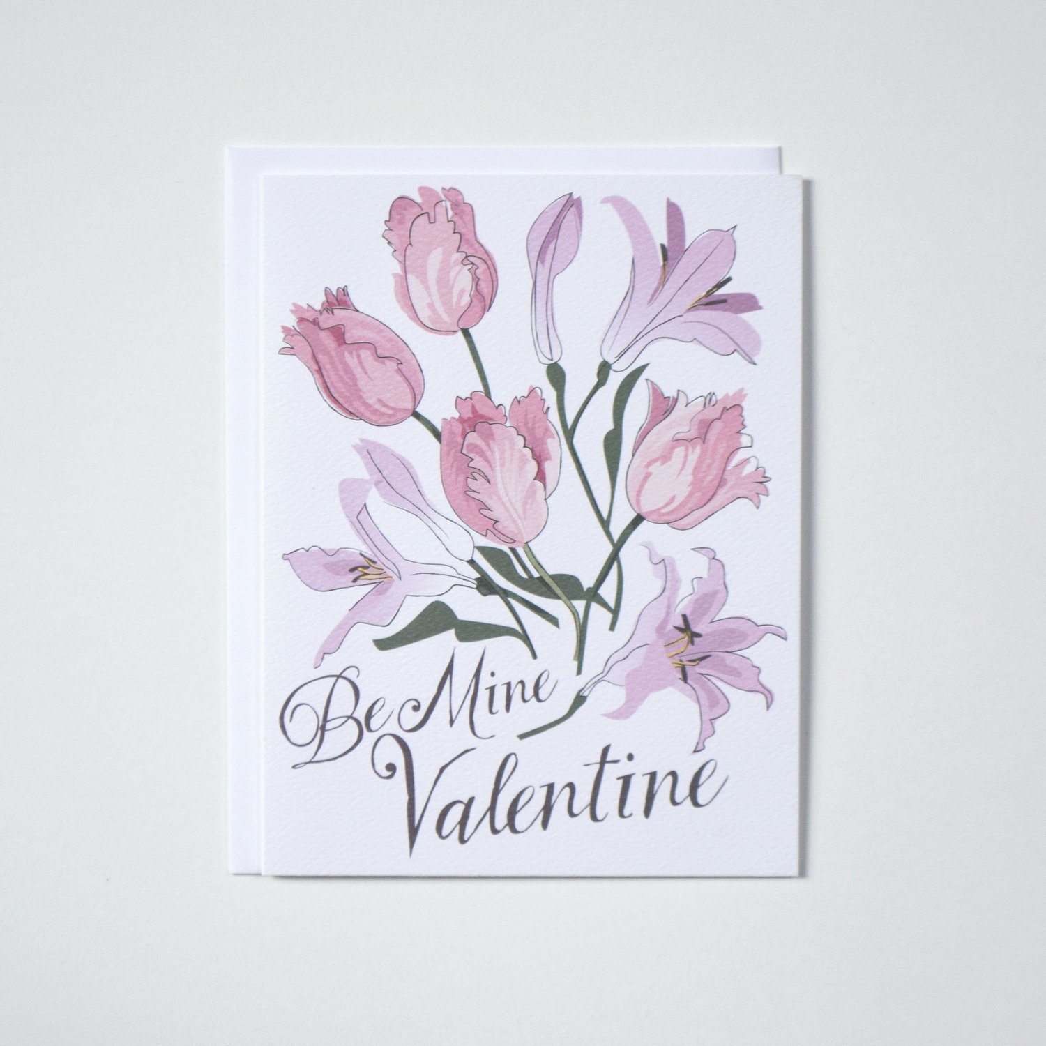 BE MINE VALENTINE NOTE CARD WITH TULIP AND LILY BOUQUET