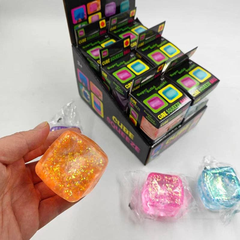 Glitter Cube Squishy Soft Stress Relief Toy Sparkle Squeeze: Glitter Cube Squishy / 2 x 2 x 2 in